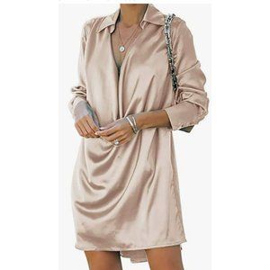 Chvity Womens Satin Dress Sexy Deep V Neck Drape Ruched Long Sleeve Wedding...
